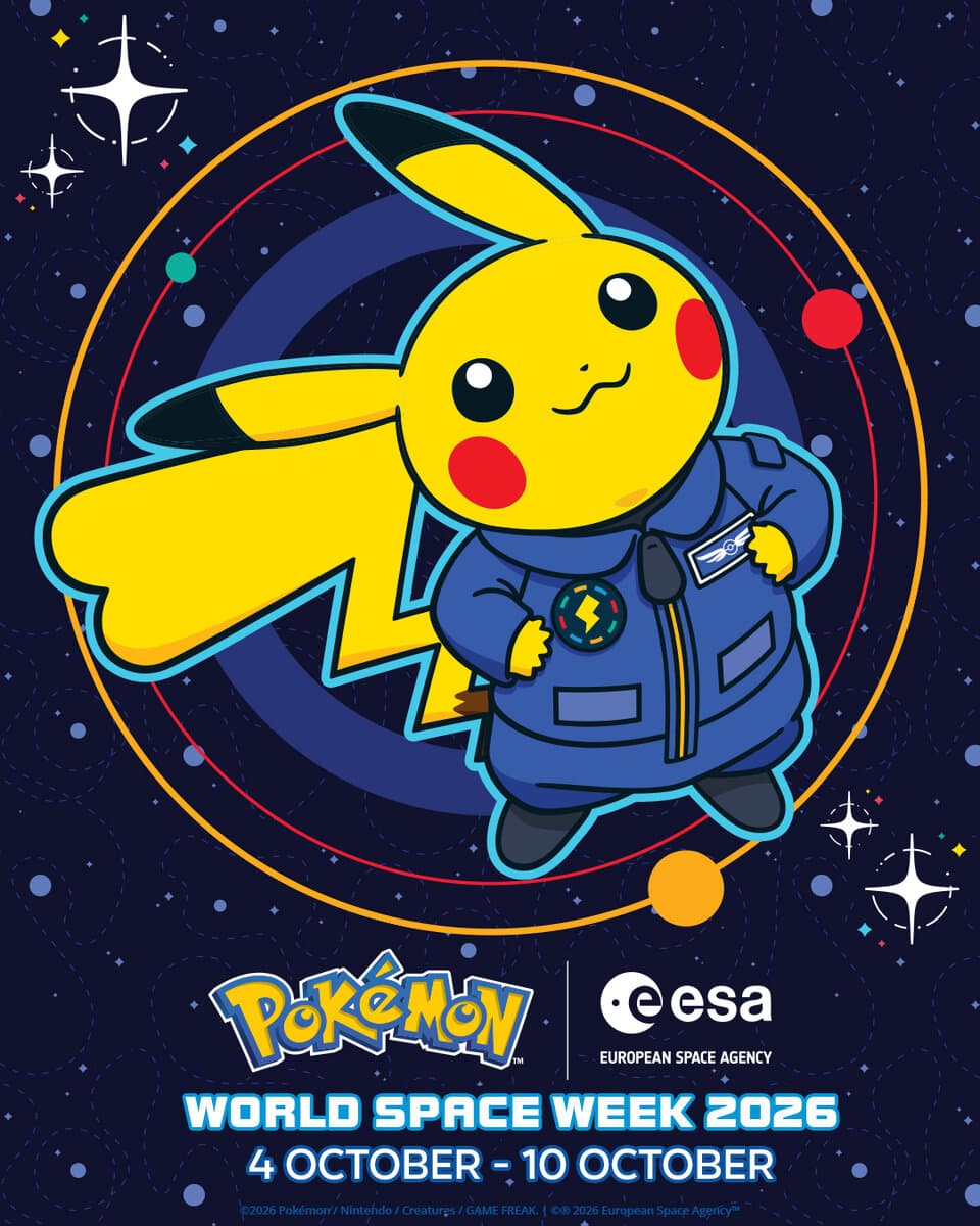 Illustration officielle d'un Pikachu en combinaison d'astronaute flottant dans l'espace, entouré de planètes, pour la campagne World Space Week 2026 de Pokémon et de l'ESA