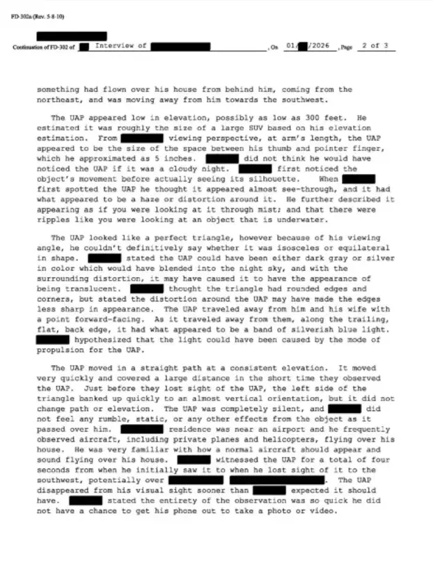 Extrait du rapport FD-302 du FBI consignant le témoignage du triangle observé au-dessus de Bagram