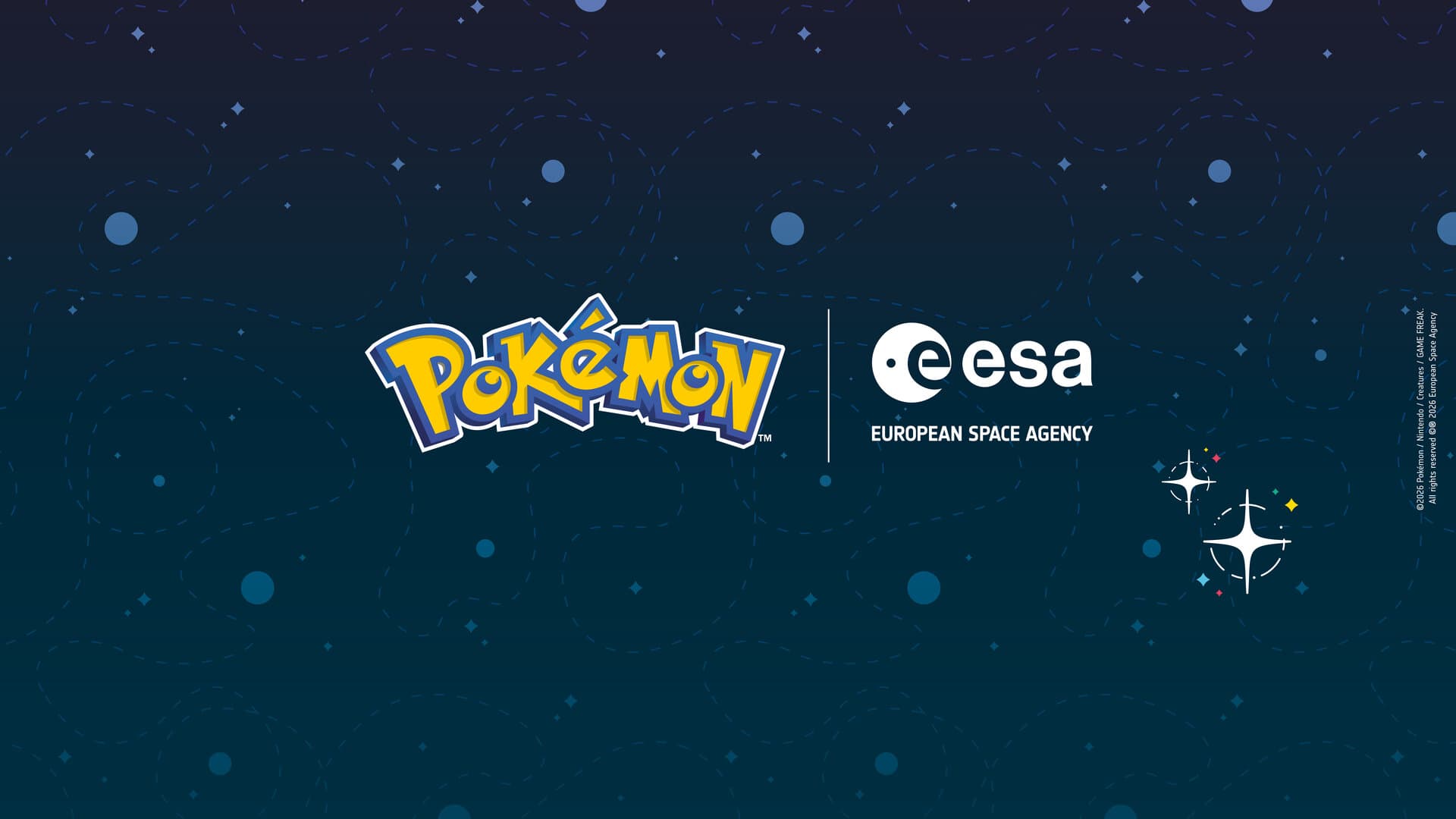 Visuel officiel de la collaboration entre Pokémon et l'Agence spatiale européenne, avec les logos Pokémon et ESA sur un fond étoilé