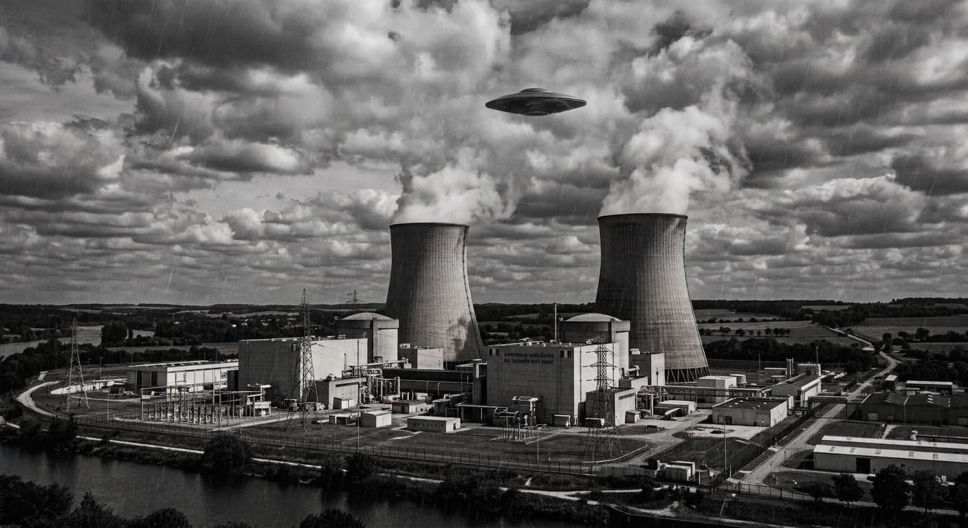 Centrale nucléaire de nuit sous un ciel étoilé, évoquant les survols d'ovnis rapportés au-dessus d'installations nucléaires