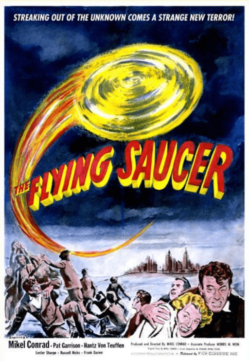 Affiche originale du film The Flying Saucer (1950) de Mikel Conrad, montrant un disque volant en flammes au-dessus d'une foule paniquée