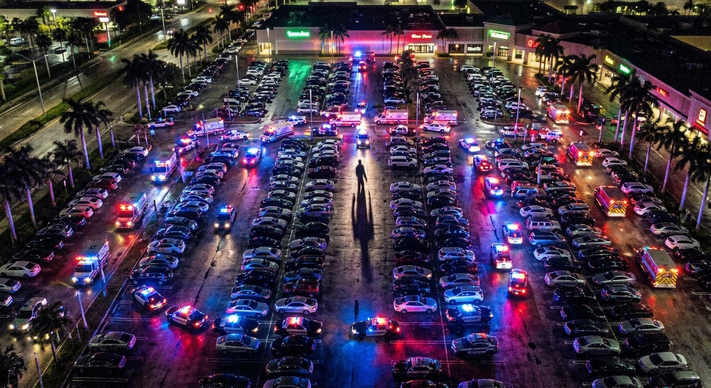 Bayside Marketplace à Miami de nuit, lieu où une bagarre d'adolescents a été confondue avec une invasion extraterrestre en janvier 2024
