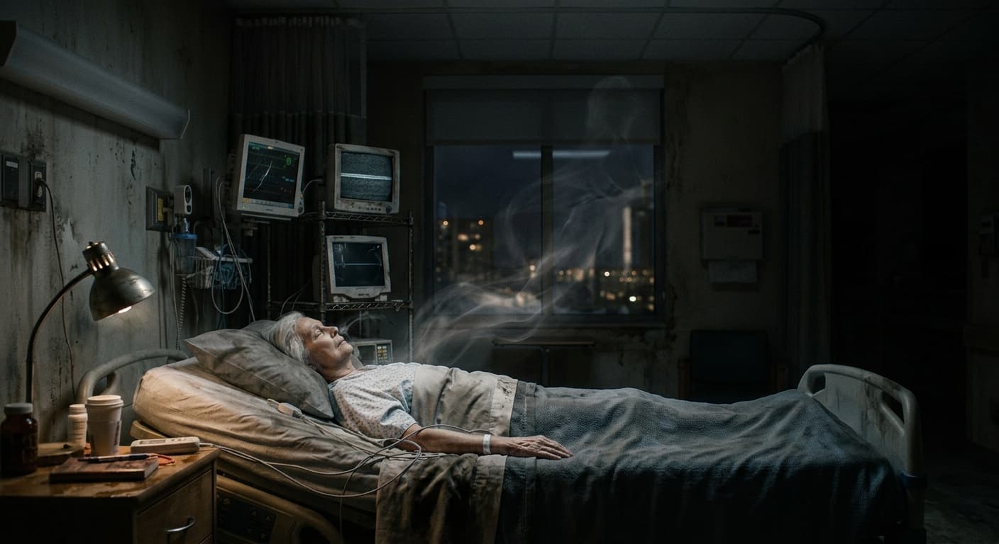 Illustration d'un patient en fin de vie dans une chambre d'hôpital, avec une forme vaporeuse évoquant une âme s'élevant au-dessus du lit