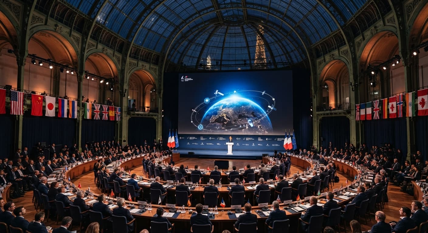 Vue générale de la salle du Grand Palais à Paris pendant le premier Sommet international sur l'espace, les délégations réunies autour d'un écran géant montrant la Terre vue de l'espace